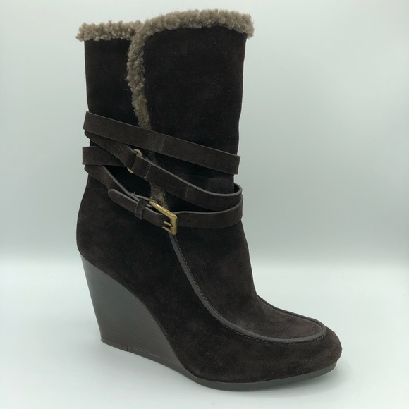 Joan & David Daflorita Suede Wedge Boots Dk Brown - Picture 2 of 8